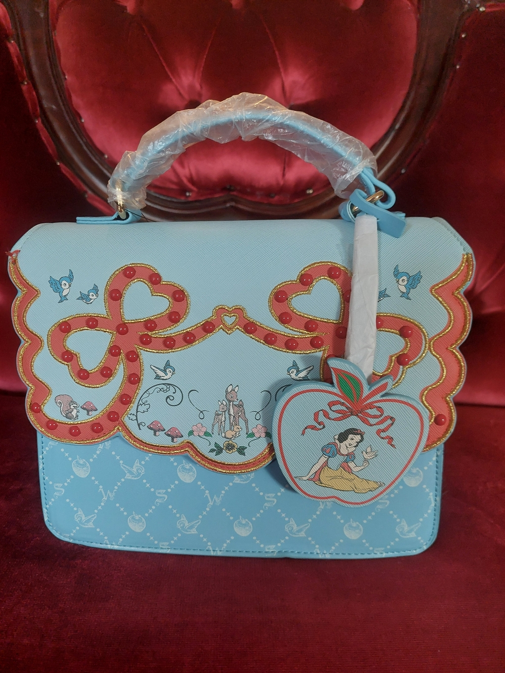 Disney Danielle Nicole Snow White Light Blue, Red Bows Heart Bag with Strap